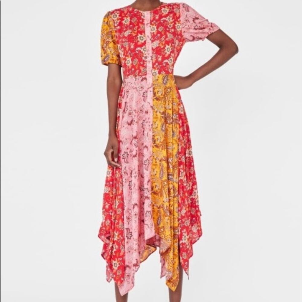 Zara Red Pink Paisley Patchwork Hankerchief Midi Dress Bloggers Fave Small